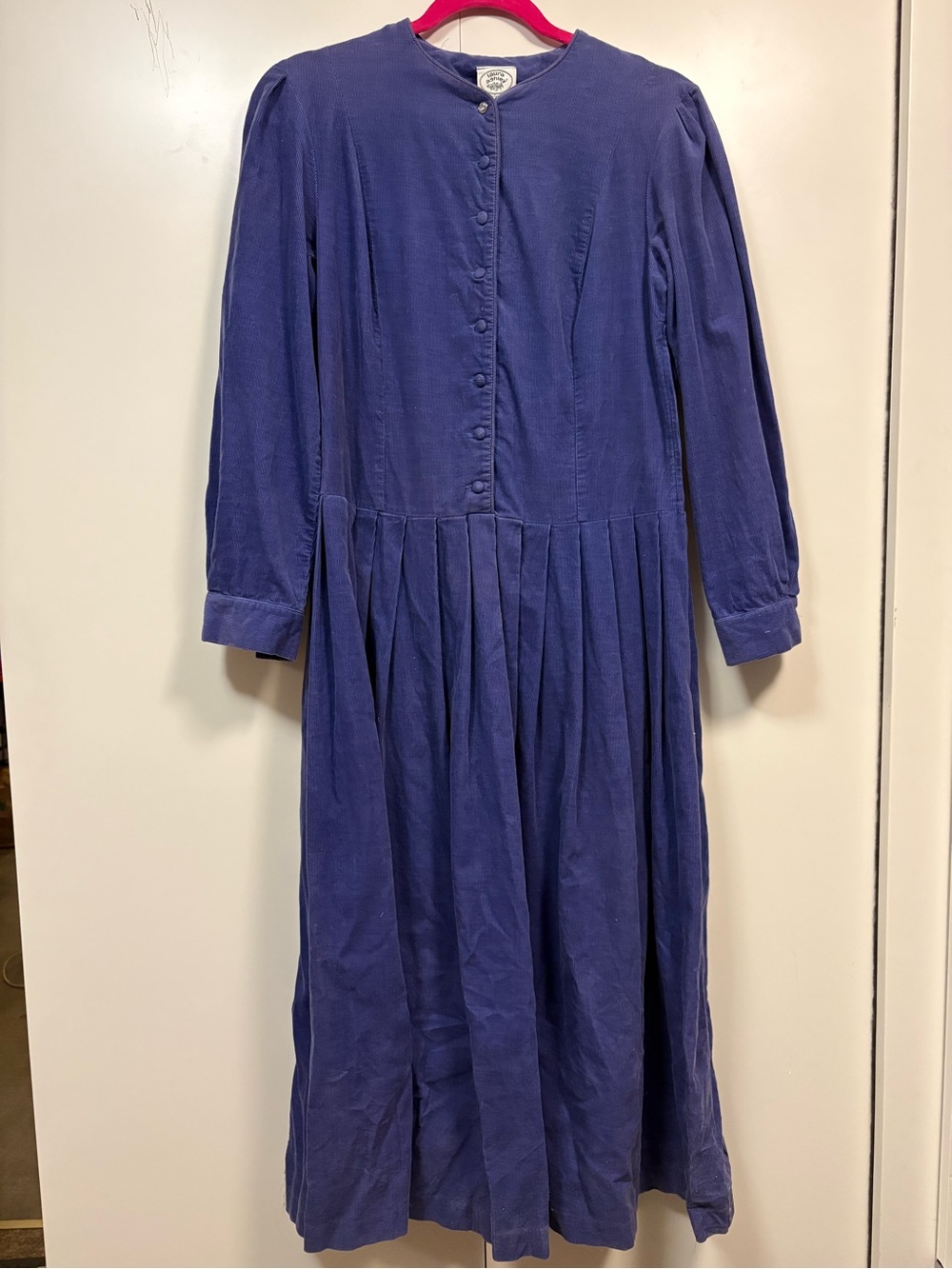 Vintage 1980’s Laura Ashley Blue Long-Sleeve Pleated Corduroy Midi Dress 12